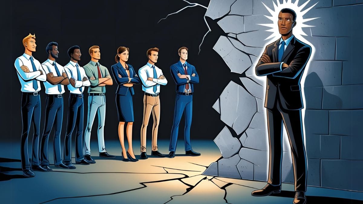 Image of a Sales leader disconnecting with sales team with a cracked wall in between