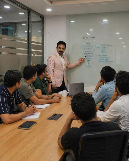 Strategic B2B Sales Consulting Services B2B sales consultant explaining a sales funnel on a whiteboard to a business team in a meeting.