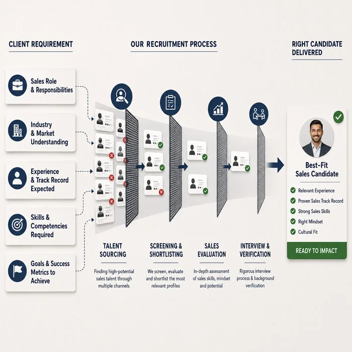 B2B sales candidate flowchart highlighting sourcing, screening, and background verification.