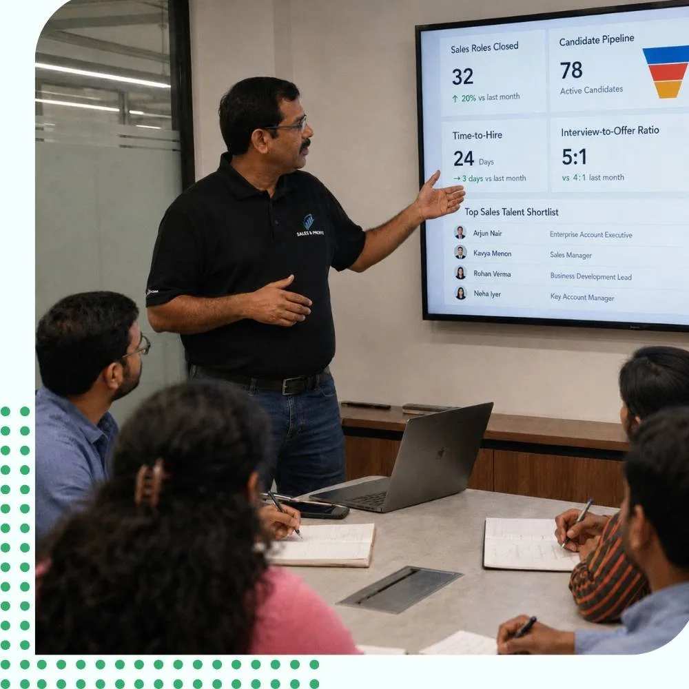 A team of a sales recruitment company going through the candidate's pipeline dashboard