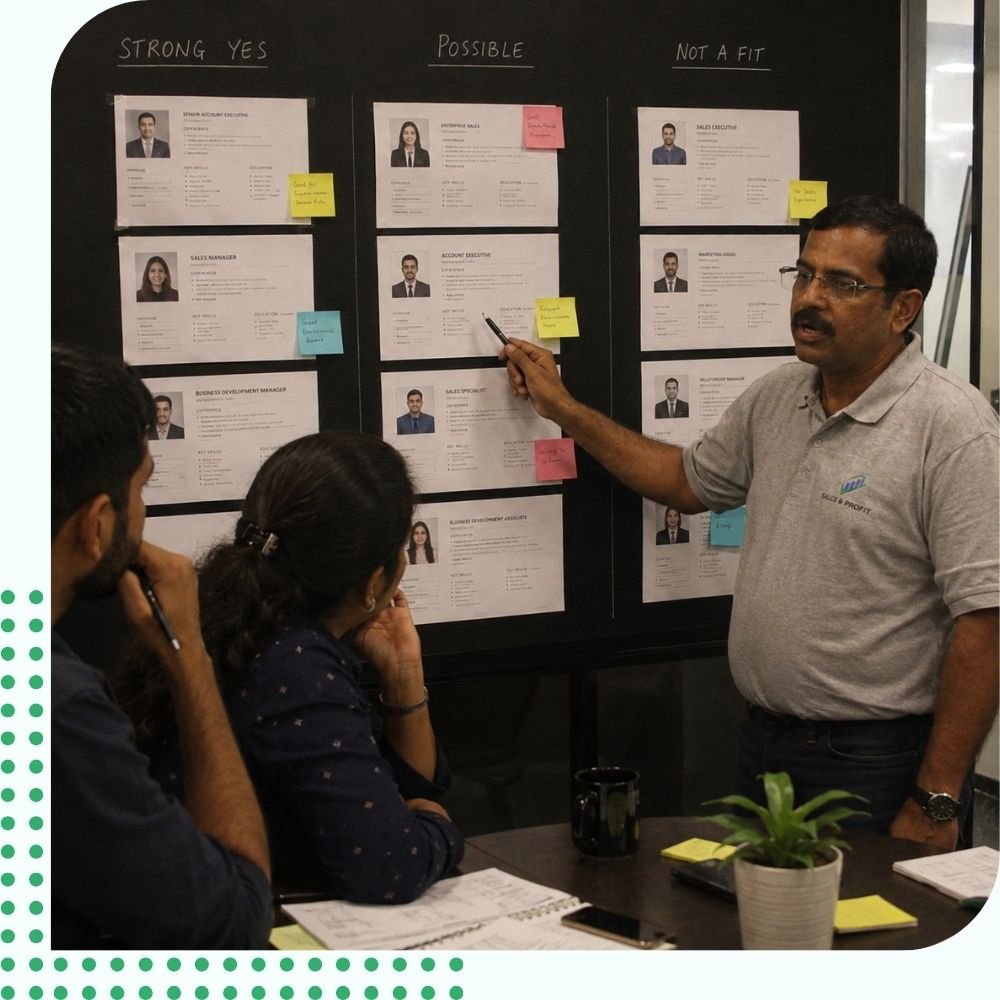 Saas sales recruitment agency in india A senior leader explaining his team about different shortlisted candidates