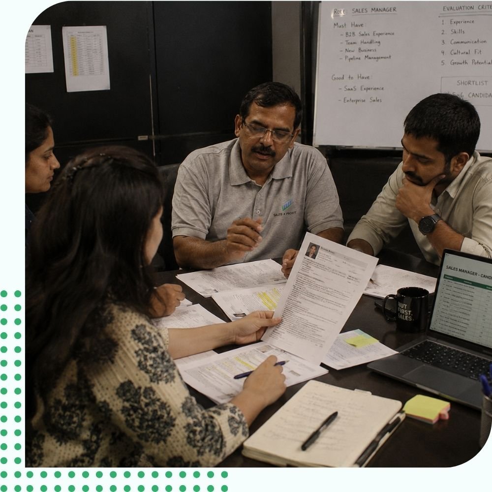 software-sales-recruitment-agency-india A senior leader discussing with his team about various candidate profiles