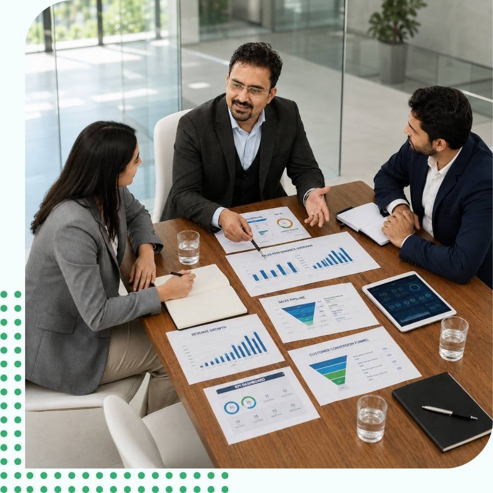 Expert business consultants reviewing sales KPI dashboards and marketing performance reports