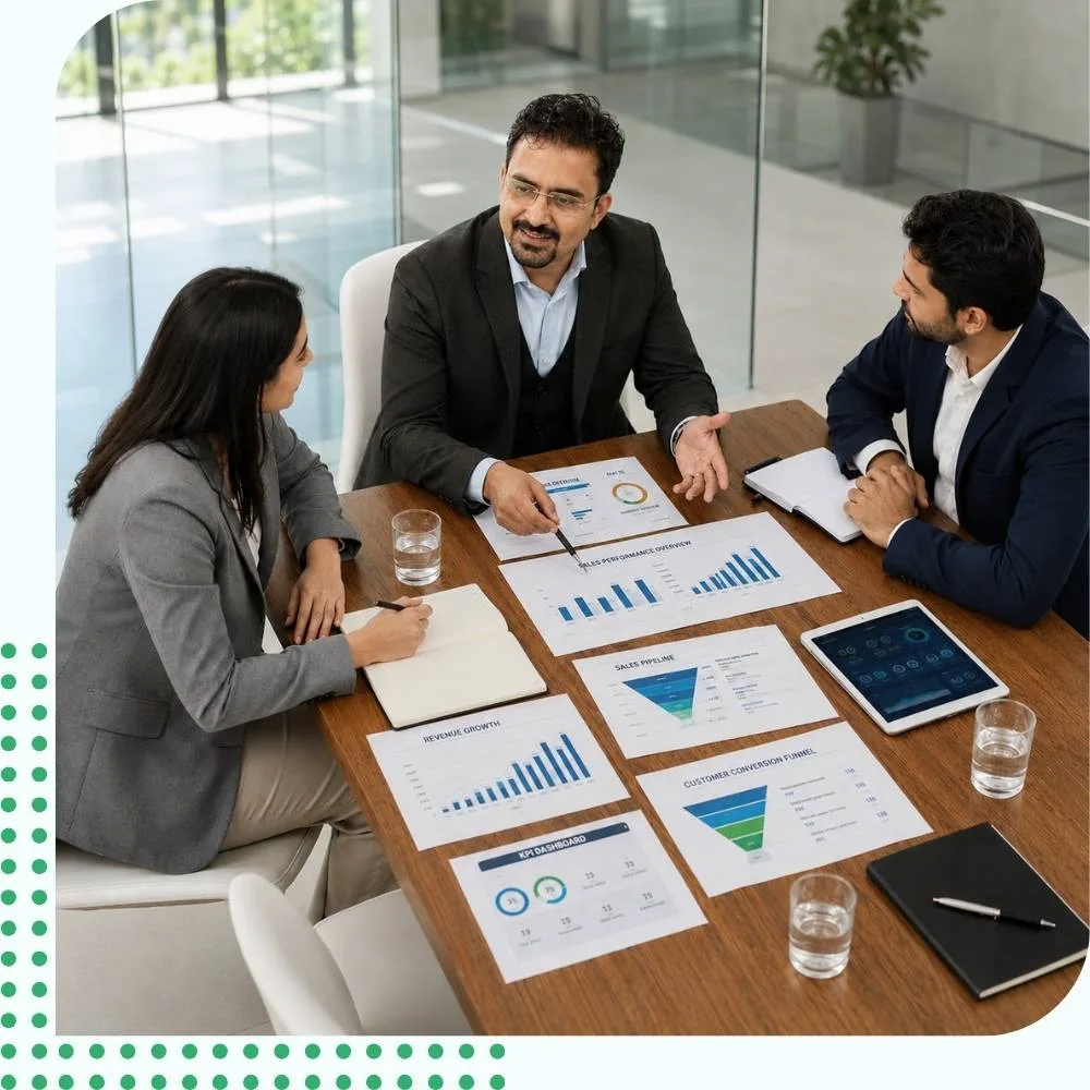 B2B Sales Consulting Services Expert business consultants reviewing sales KPI dashboards and marketing performance reports